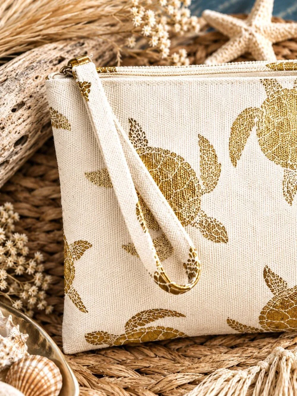 Sea Turtle Wristlet Pouch Ivory Gold Metallic Beach Cosmetic Travel Clutch NWT
